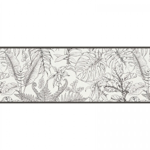 Vliesová bordura SK-Borten – černý botanický motiv na bílém podkladu