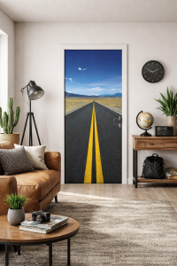Fototapeta na dveře s dlouhou rovnou silnicí, žlutým značením a otevřenou krajinou pod modrou obloho