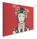 Obraz na plátně se stylizovaným portrétem ženy držící šálek čaje na červeném pozadí v orientálním st