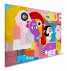 Barevný abstraktní obraz na plátně se stylizovanými lidskými postavami v geometrickém designu